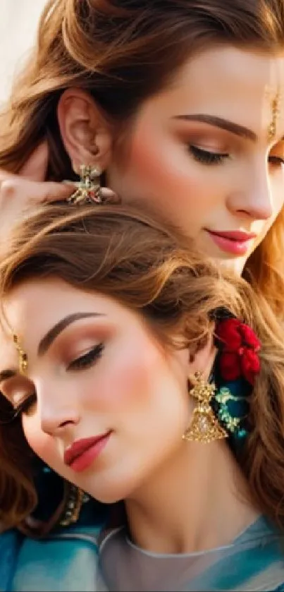 Elegant portrait of two women with gold jewelry and floral accents.