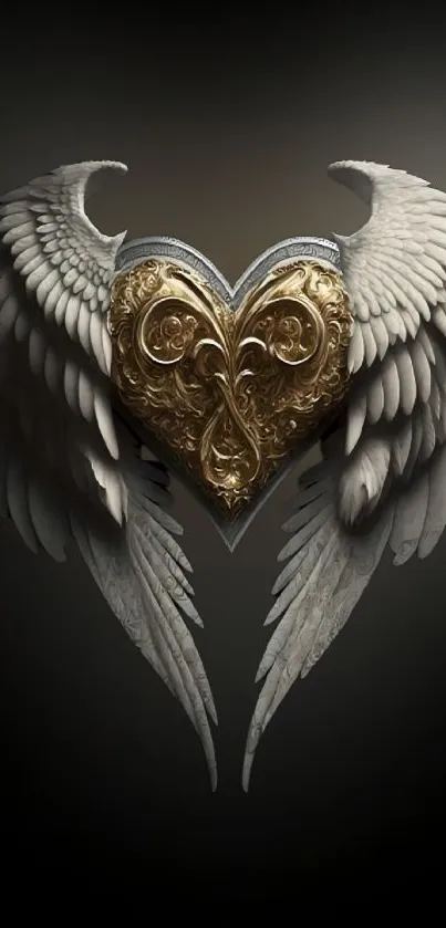 Ornate golden heart with majestic wings on dark background.