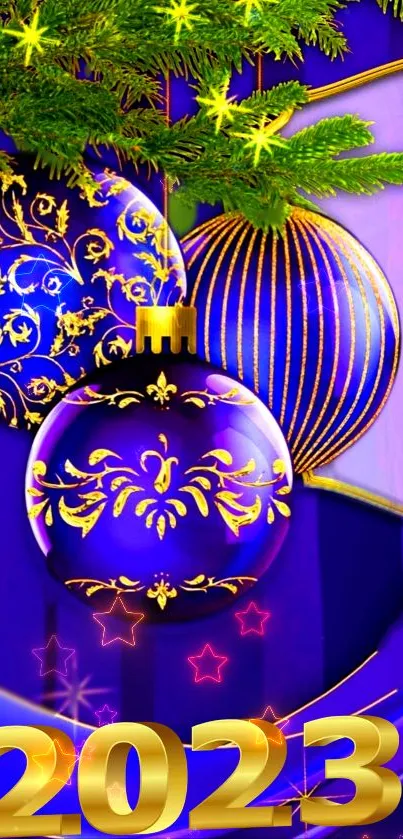 Elegant 2023 holiday wallpaper with purple and gold ornaments.