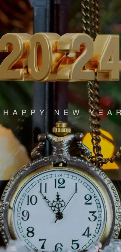 2024 New Year wallpaper with clock and gold design.