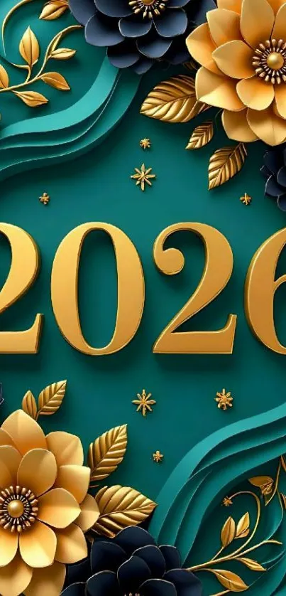 2026 floral design with gold and teal colors.
