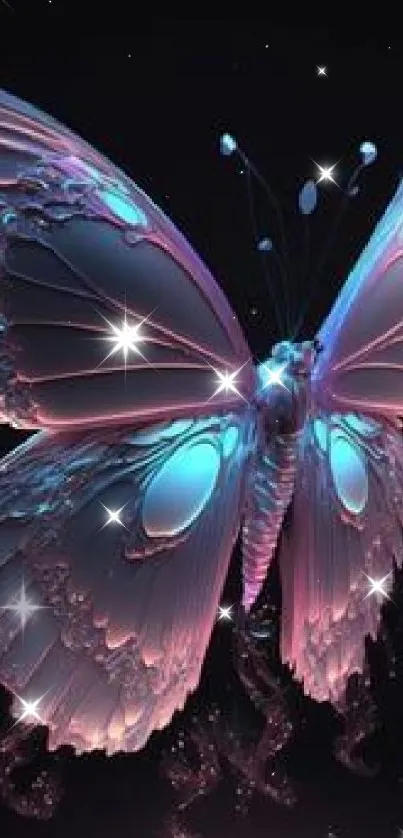 3D butterfly with vibrant pink and blue hues on a dark background.