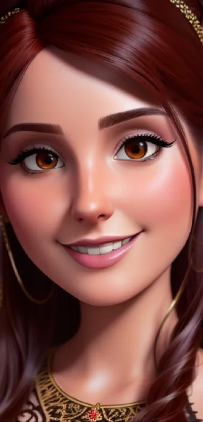 3D animated portrait of a smiling woman with elegant accessories.