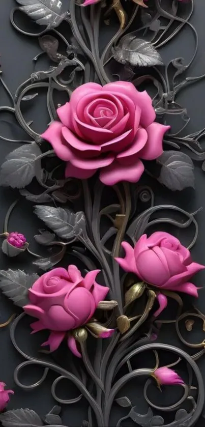 3D pink roses on dark background wallpaper