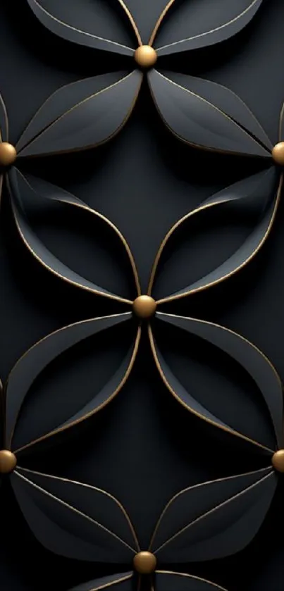 Black and gold 3D floral wallpaper design with geometric patterns.