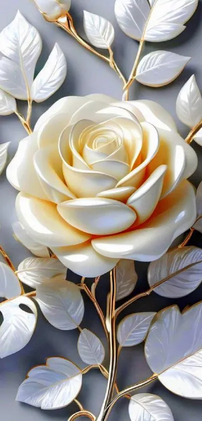 3D pearl rose with leaves mobile wallpaper.