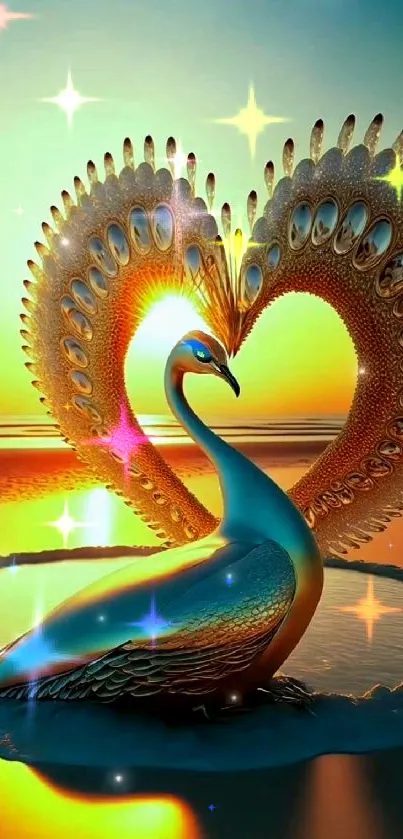 3D peacock with heart-shaped feathers at sunset.