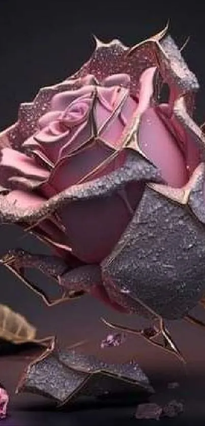 3D rendering of a pink rose with metallic crystalline design.