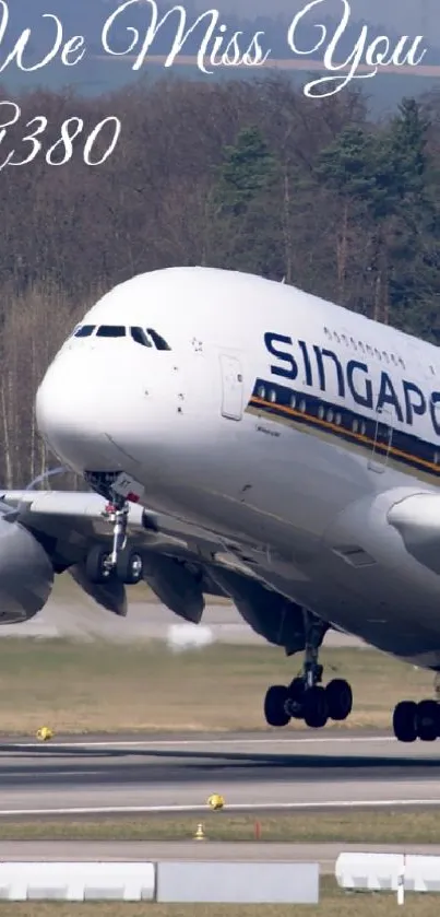 A380 taking off with Singapore Airlines logo on runway.