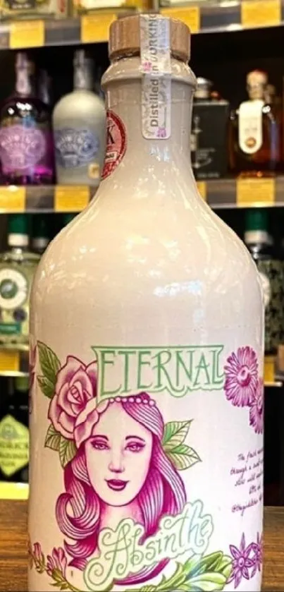 Elegant pink Eternal Absinthe bottle in a vintage bar setting.