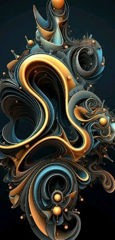 Elegant abstract 3D wallpaper with fluid teal and gold curves.