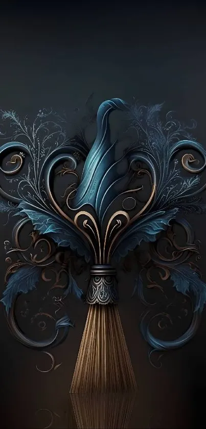 Abstract dark blue feather mobile wallpaper with intricate details.