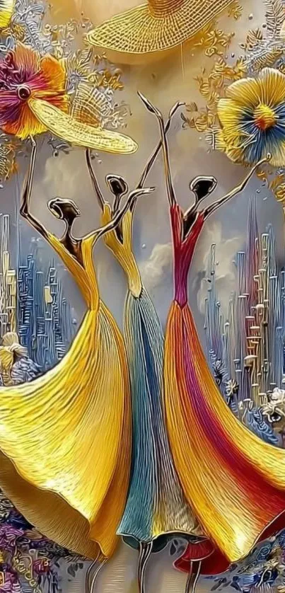Abstract dancers and flowers in vibrant colors