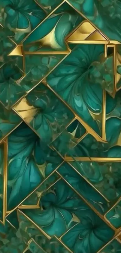 Intricate abstract green and gold geometric wallpaper design.
