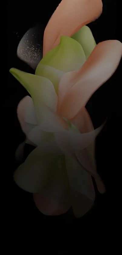 Abstract mobile wallpaper with flowing peach and green petals on a black background.