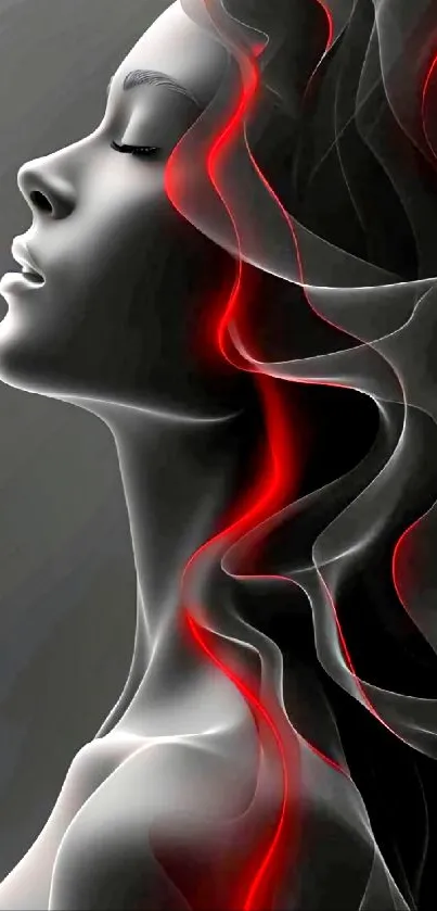 Abstract profile of woman with red accents on black background.