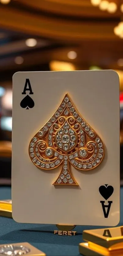 Ace of Spades card with gold design on table.