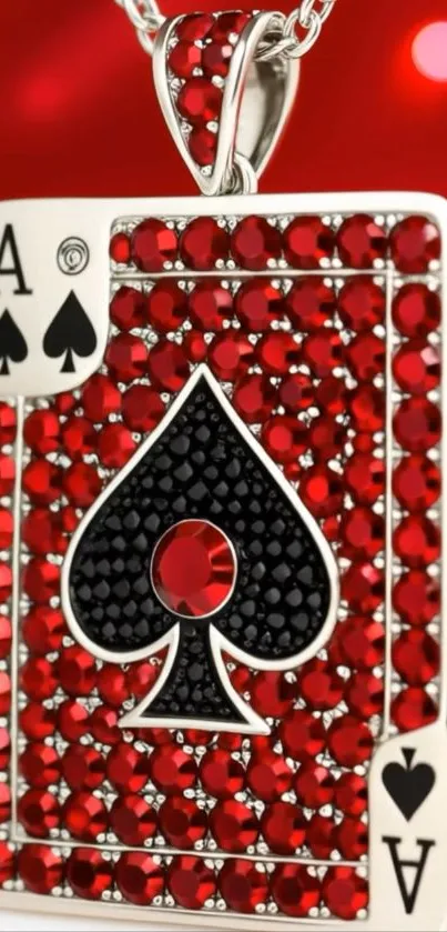 Ace of Spades pendant with red gemstones on a chain.