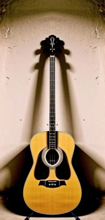 Acoustic guitar against a beige wall, offering a refined look for music enthusiasts.