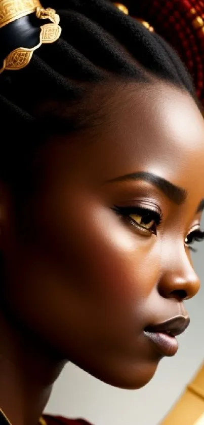 Artistic portrait of African woman with golden accessories and intricate hairstyle.