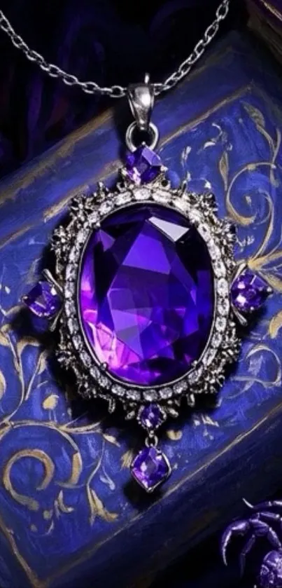 Purple amethyst necklace with ornate design.