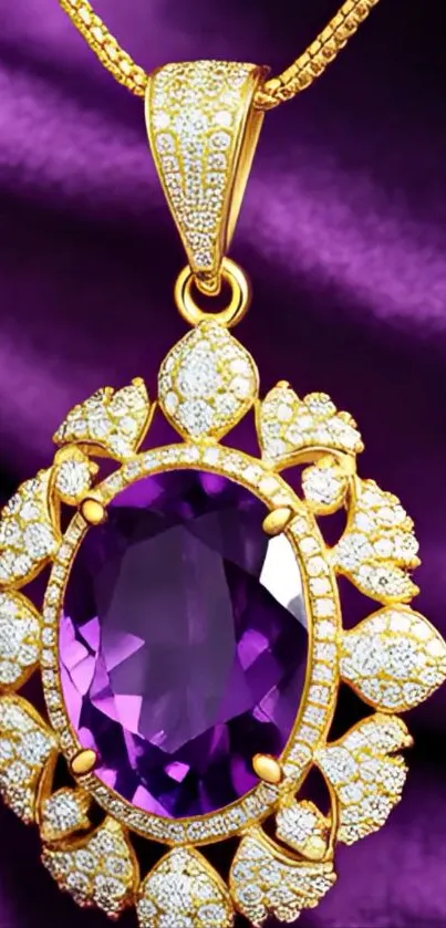Luxurious gold amethyst pendant on purple velvet.