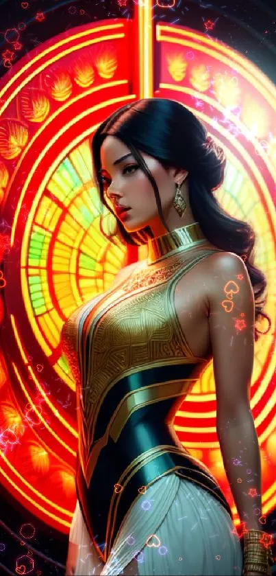 Elegant ancient warrior against vibrant circular backdrop, in artistic style.