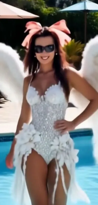 Woman in an elegant angel costume by a pool.