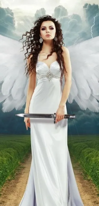 Fantasy art wallpaper of an angel with wings and sword on a mystical path.