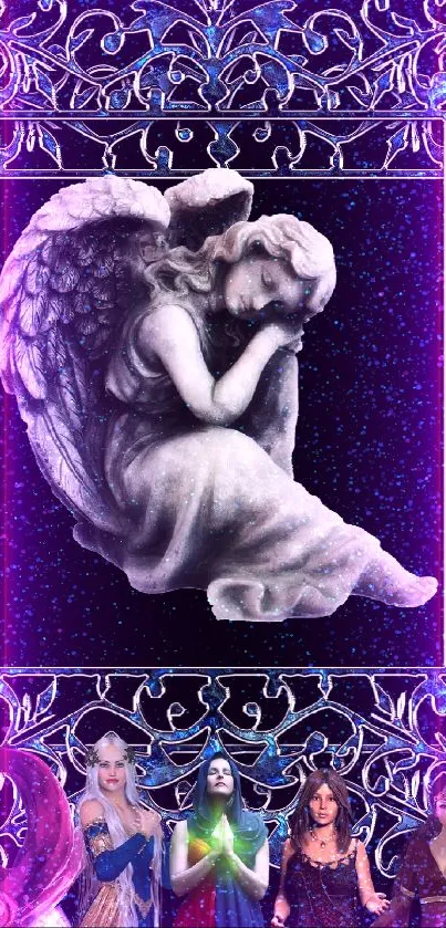 Elegant angel and mystical figures in a fantasy art wallpaper design.