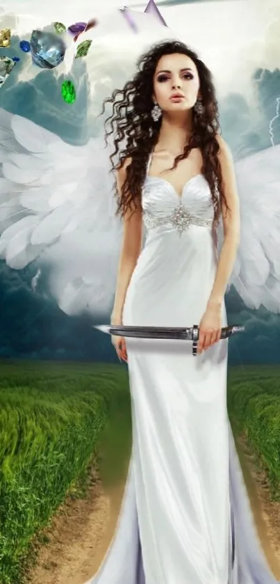 Elegant angel in white gown with wings in a mystical rural scene.