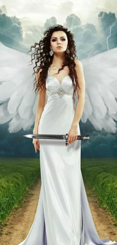 Elegant angel in white dress with wings in a lush landscape.