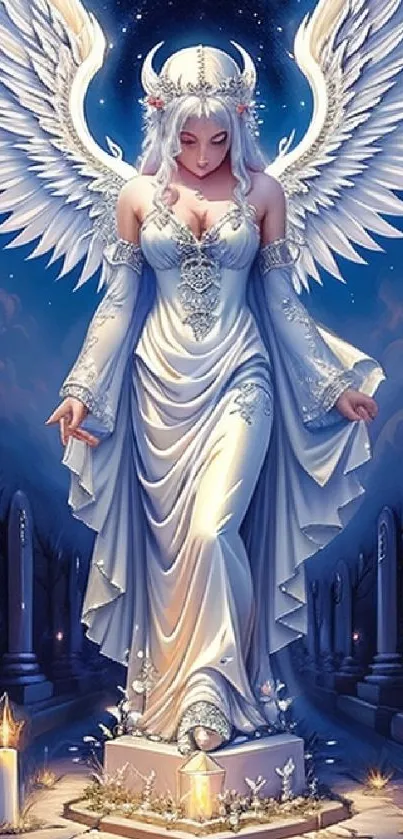 Elegant angel with wings in celestial night scene wallpaper.