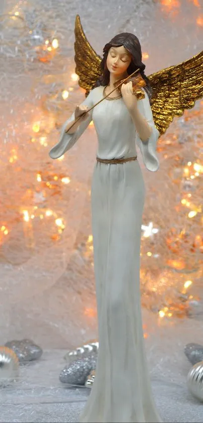 Elegant angel figurine with golden wings against a festive background.