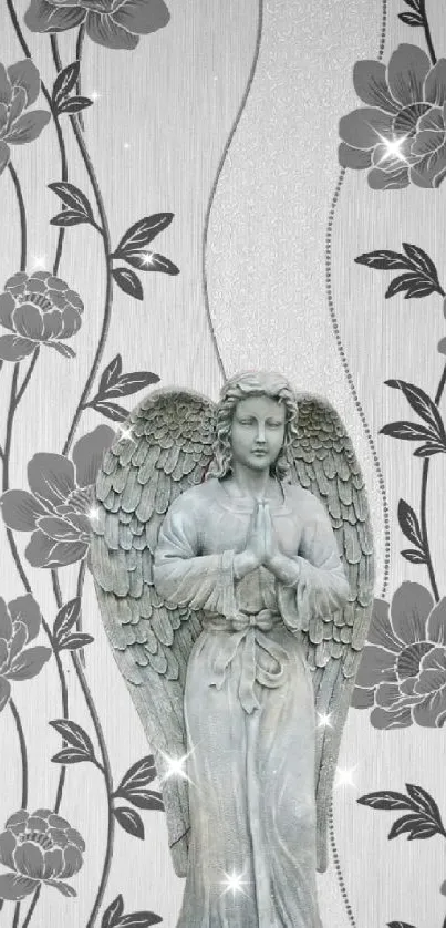 Elegant angel statue with floral pattern in gray tones wallpaper.