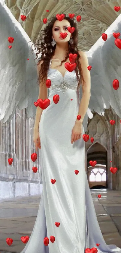 Elegant angel with white wings in a Gothic corridor.