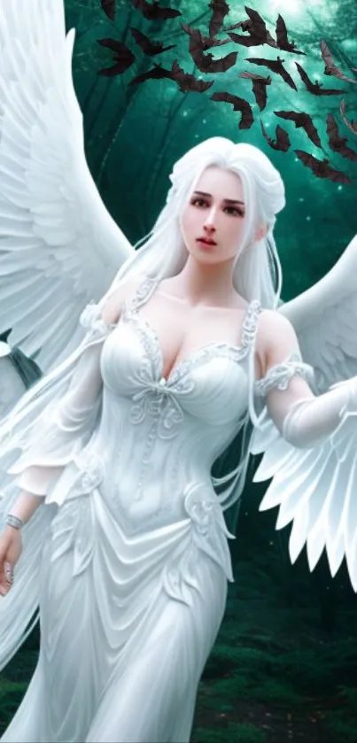 Elegant angel with wings in dark forest