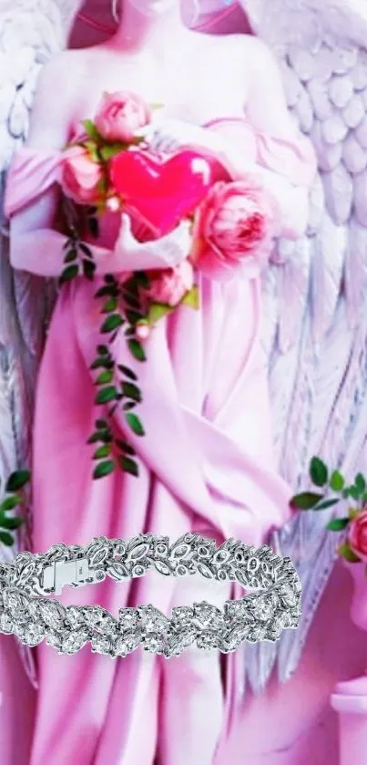 Angelic figure in pink with roses and a heart.