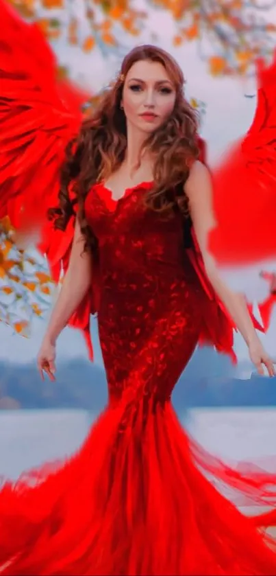 Woman in a red gown with angel wings.