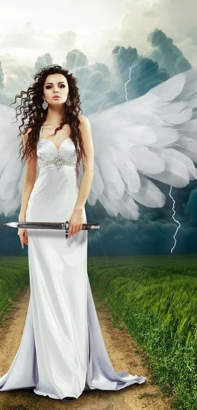 Angel with wings in stormy landscape holding a sword.