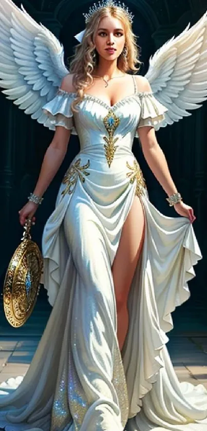 Elegant angel with white wings and gown in a serene setting.