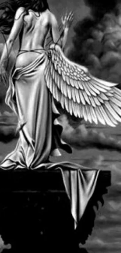 Monochrome wallpaper of angel on pedestal with wings.