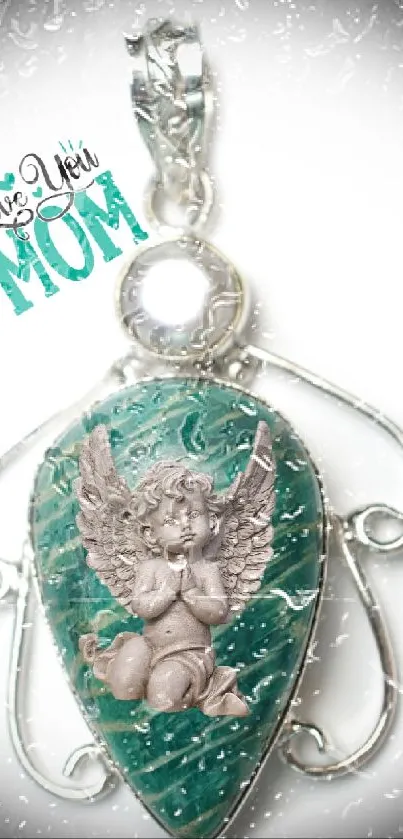 Teal angel pendant with 'Love You Mom' text.