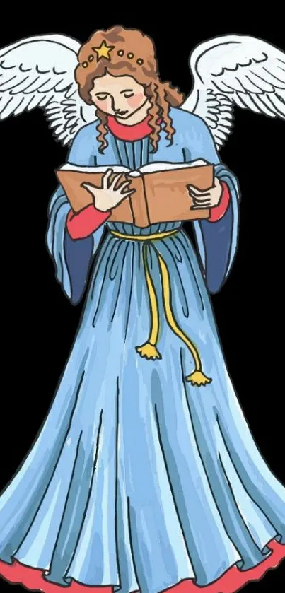 Illustrated angel in blue robe with wings reading a book on black background.