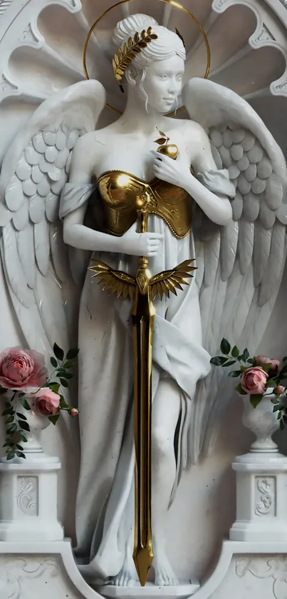 Angel sculpture with sword, elegant and serene design.