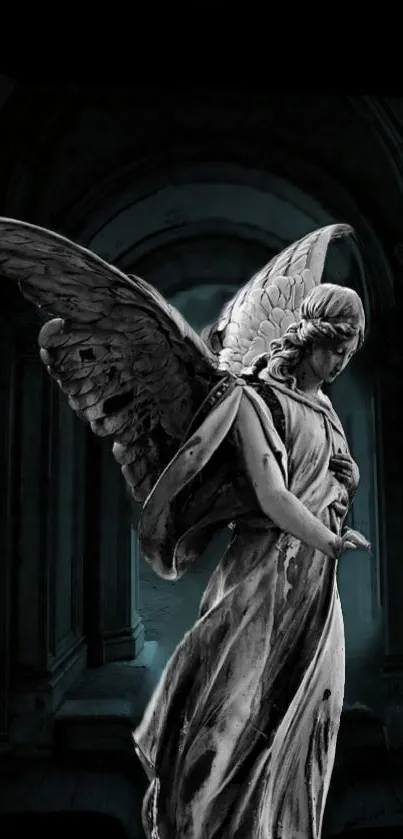 Elegant angel sculpture with wings in a dark, dramatic setting.