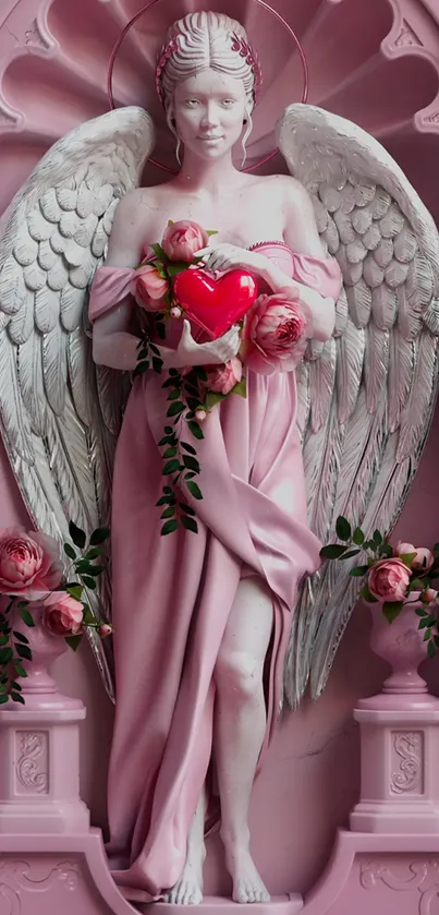 Elegant pink angel sculpture holding a heart with flowers.