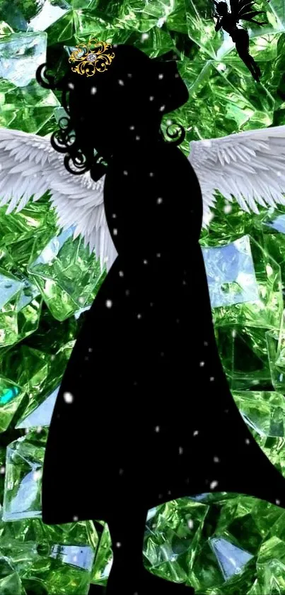 Silhouette of angel with wings on green crystal background.