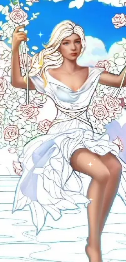 Elegant angel on a swing in a white dress with pastel flowers and blue sky.