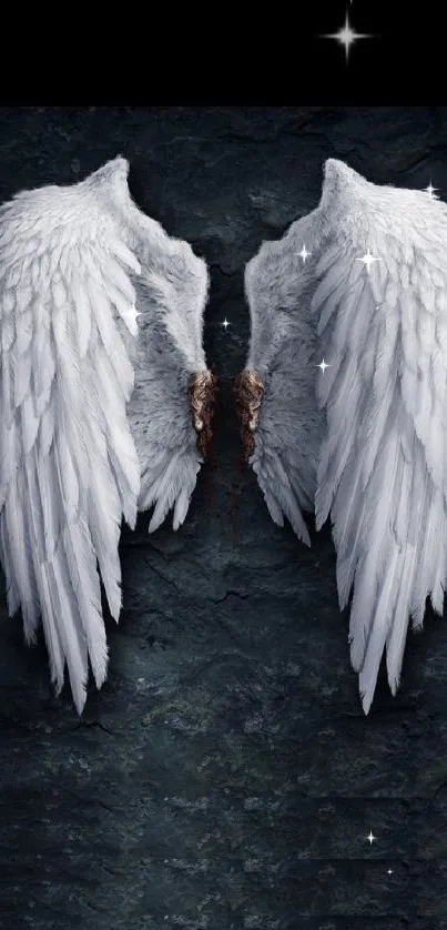 White angel wings on dark textured background wallpaper.